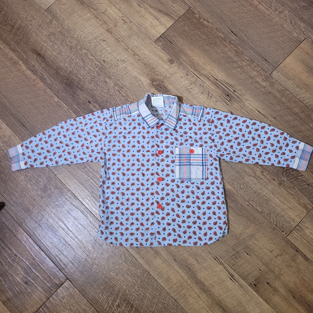 Vtg Happy Kids Blue Red Paisley Button Down Shirt